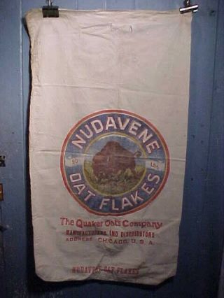 Early 20thc Nudavene Oak Flakes Cloth Advertising Bag From Quaker Oats W Buffalo