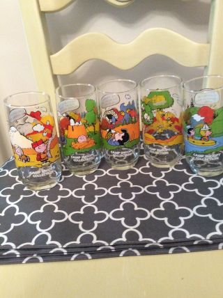 Vintage Complete Set Of 5 Mcdonalds Peanuts Camp Snoopy Glasses