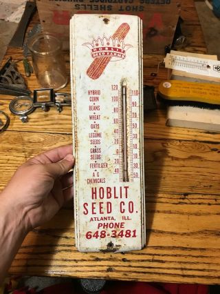 Vintage Hoblit Seed Co.  Atlanta Illinois Metal Thermometer Seed Corn Sign Tin