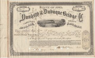 1868 Dunleith & Dubuque Bridge Co Stock Certificate Signed Wm B Allison Senator