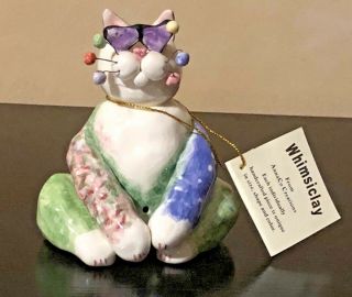 2001 Annaco Amy Lacombe Whimsiclay Pastel Purple / Green / White Cool Cat Signed