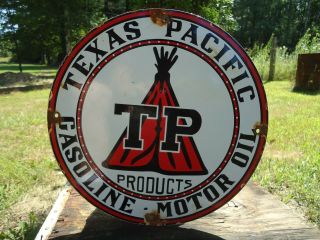 Old Texas Pacific Gasoline - Motor Oil Porcelain Enamel Gas Pump Sign Tp Products