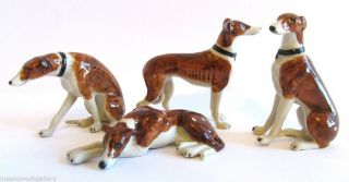 Miniature Ceramic Hand Painted Dog Figurine - Set/4 Greyhounds - Tan & White