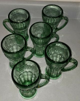 Set Of 6 Green Glass Vintage Coca Cola Glasses With Handles