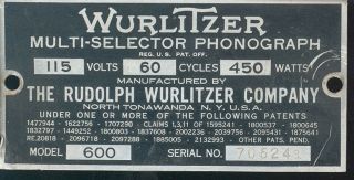 1939 Wurlitzer 600 705241 Keyboard Serial Number Identification Plate Or Tag