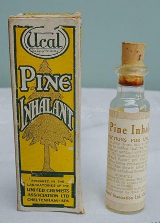 Vintage Chemist Advertising Box Bottle Ucal Pine Inhalant 1930s Prop Display