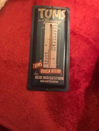 Vintage Tums Tin Thermometer Store Sign Embossed