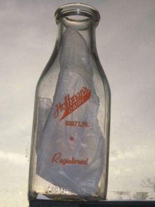 Vintage square 1 quart orange pyroglaze Hoffman ' s Dairy milk bottle.  Gratz,  Pa. 2