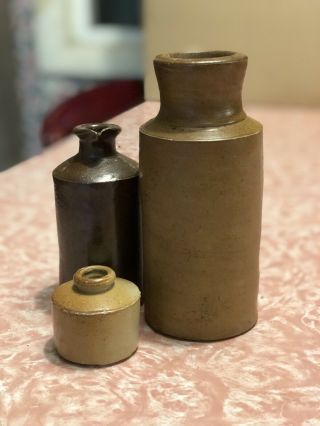 Three Vintage Stoneware Ceramic Pottery Dome Inkwell Ink Bottle Earthenware