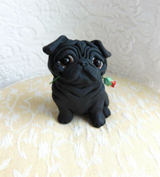 Black Pug With Rose Sculpture Dog Lover Gift Clay Sculpture By Raquel At Thewrc