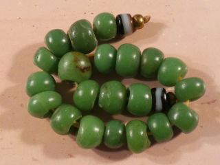 Antique Chinese Green Jade Colored Glass Bead Strand 125 Mm Banded Glass Bonus