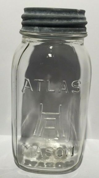 Vintage Glass Canning Jar & Zinc Lid Hazel Atlas Mason H Over A Square