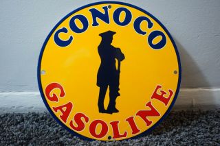 VINTAGE CONOCO GASOLINE PORCELAIN SIGN GAS OIL METAL STATION PUMP PLATE YELLOW 3