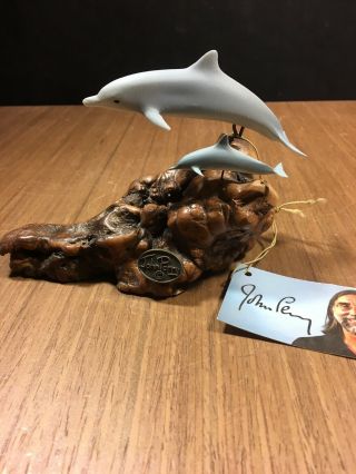 John Perry Dolphin Pair Mom & Calf Mounted On Wood Signature Tag Statue Figurine