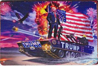 Large Metal Donald Trump Sign Tank Eagle Fire Beach Sea Landing War Maga