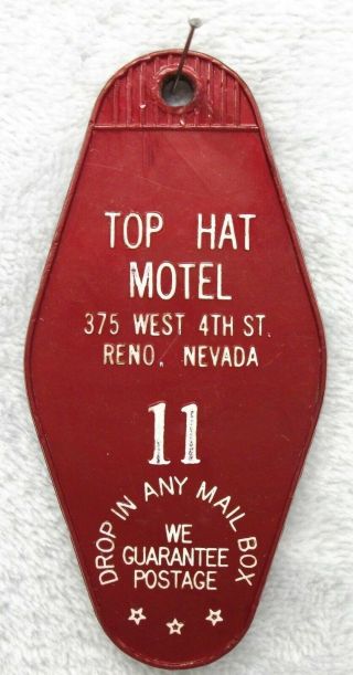 Vtg.  Plastic Hotel Motel Room Key Fob Chain Ring Top Hat Motel Reno Nevada Htf