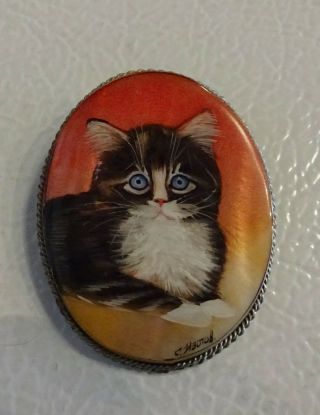 Kitten Mother Of Pearl Pin Or Pendant Hand Painted Russian 2 " X 1 - 1/2 " Singed