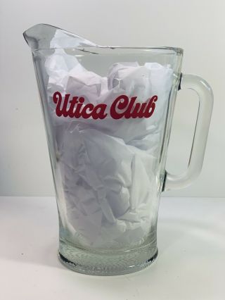 Vintage Utica Club 50oz Glass Beer Pitcher - Red Letters On Both Sides - 9 " Ht.