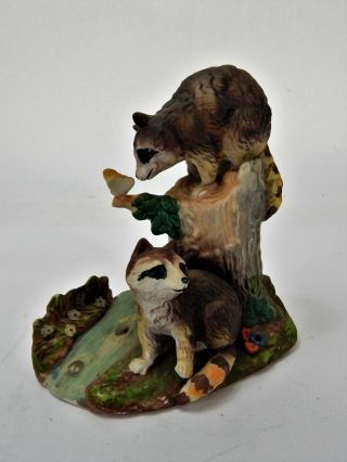 Vintage Ceramic Figurine Two Raccoons,  Butterfly In Tree By Stream