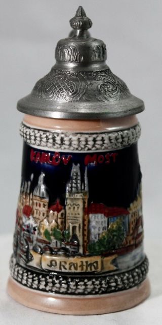 German Miniature Stein Karluv Most Praha Lidded Pewter 3 3/4 " Barware Germany