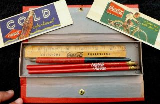 Vintage 1930s Coca Cola Pencil Box Set Wood Ruler Fin Ink Pen Blotters Coke