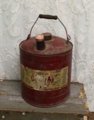 Vintage Red Metal Martin Ware Gas Or Kerosene Can With Paper Label & Wood Handle