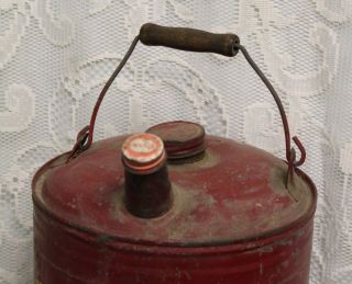 Vintage Red Metal Martin Ware Gas or Kerosene Can With Paper Label & Wood Handle 3