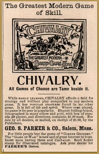 1888 Parker Brothers Board Game Chivalry Knights Battle Print Ad