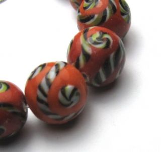 14 Orange Mosaic Striped Vintage Glass Beads