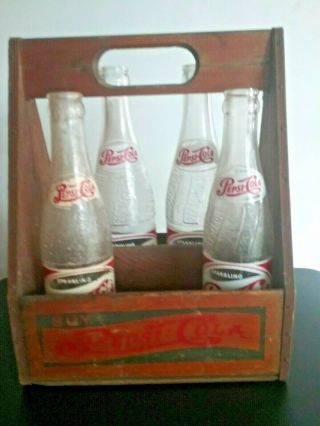 Antique/vintage Pepsi - Cola Wooden 6 Pack Bottle Carrier Case W/ 4 Bottles - Neat