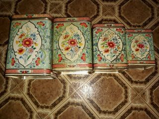 Tea Tin Vintage Embossed Floral Square Made In Holland Set Of 4