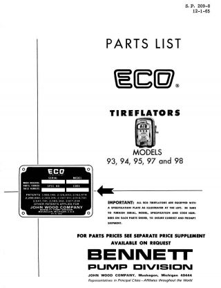 Eco Tireflator 93 94 95 97 98 Factory Parts List Gas Station Tire Air Meter Pump
