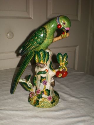 Meissen Style Figurine Of A 10.  5 " Parrot Macau Eating Fruit Cherry Bugs Insects