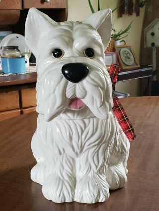 Collectible Sleigh Bell Bistro Ceramic White Westie Scottie Dog Cookie Jar