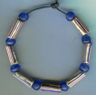 African Trade Beads Vintage Venetian Glass Old Striped White Red Blue Lampwork