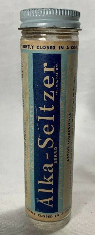 Vtg 1950s Glass Alka Seltzer Bottle Blue / Paper Label No Upc No Expiration