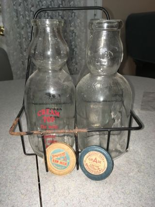 Vintage Wire Basket/carrier With 4 Quart Glass Milk Bottles