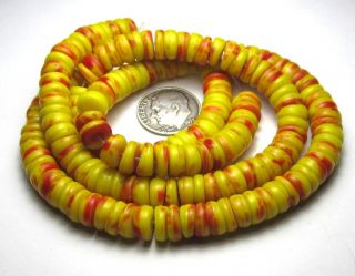 10 " Strand Of 86 Rare Old Yellow/red Speckled Czech Disk Antique Beads