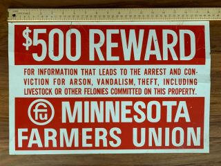 Vintage Minnesota Farmers Union Metal $500 Reward Sign Agriculture Farm Bureau