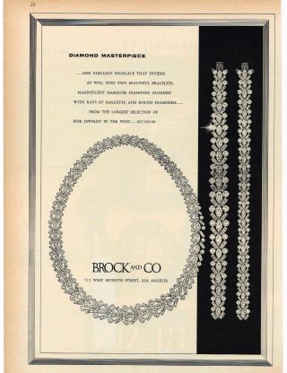 1960 Brock & Co Fine Jewelry Diamond Necklace Bracelet Los Angeles Vtg Print Ad