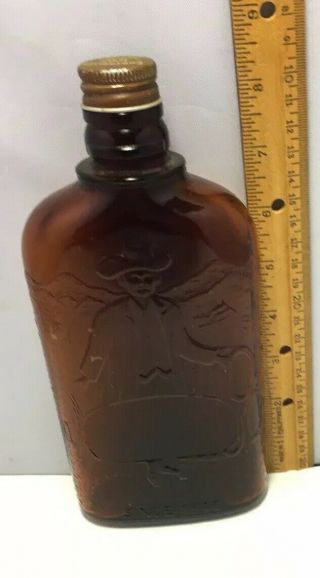 Vintage Amber Embossed Old Quaker Pint Whiskey Bottle Late 1930’s Early 40 