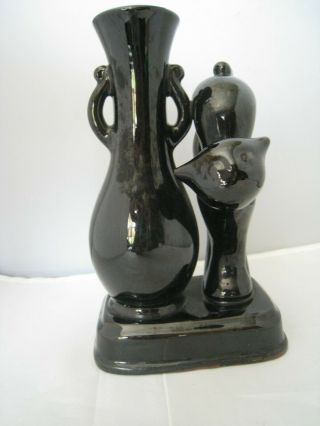 Black Scaredy Cat And Vase Ceramic Glazed Mid Century