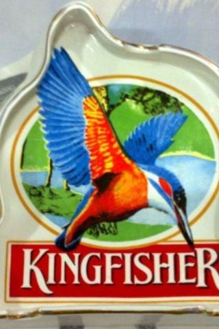Kingfisher Beer Bird Graphic Gilt Vintage Ceramic Pub Ashtray Thistle Shape Nos