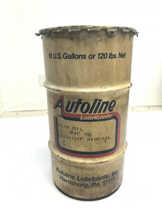 Vintage Autoline Oil Barrel Industrial Bin Advertising Trash Can Loft Decor Box