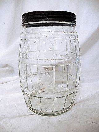 Vintage Glass Barrel Shaped 10 " Pickle Jar - 1 Gallon Size W Lid