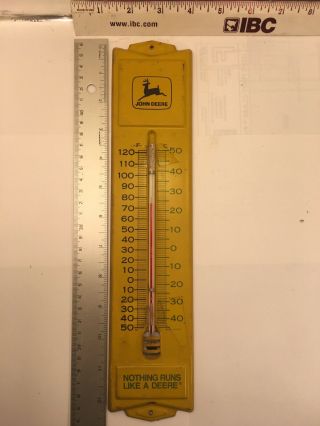 Vintage John Deere Metal Advertising Thermometer.  Yellow.  Green.  Black.