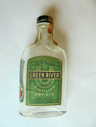 Vintage Green River Dry Gin Miniature 1/10 Pint Whiskey Bottle W/ Label & Stamp