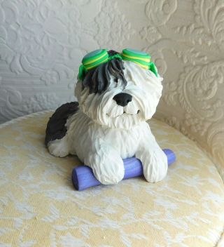 Old English Sheepdog Summer Swimming Sculpture Clay By Raquel At Thewrc Ooak
