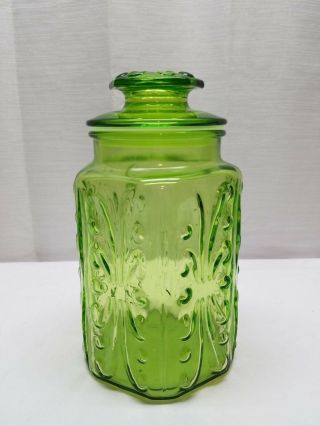 Vintage Glass Kitchen Canister Apothecary Cookie Candy Jar Lid Green Retro 9 "