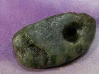 Ancient Pre - Columbian Mesoamer.  Deep Green Jade Archiac Shaped Bead 19 By 10.  7